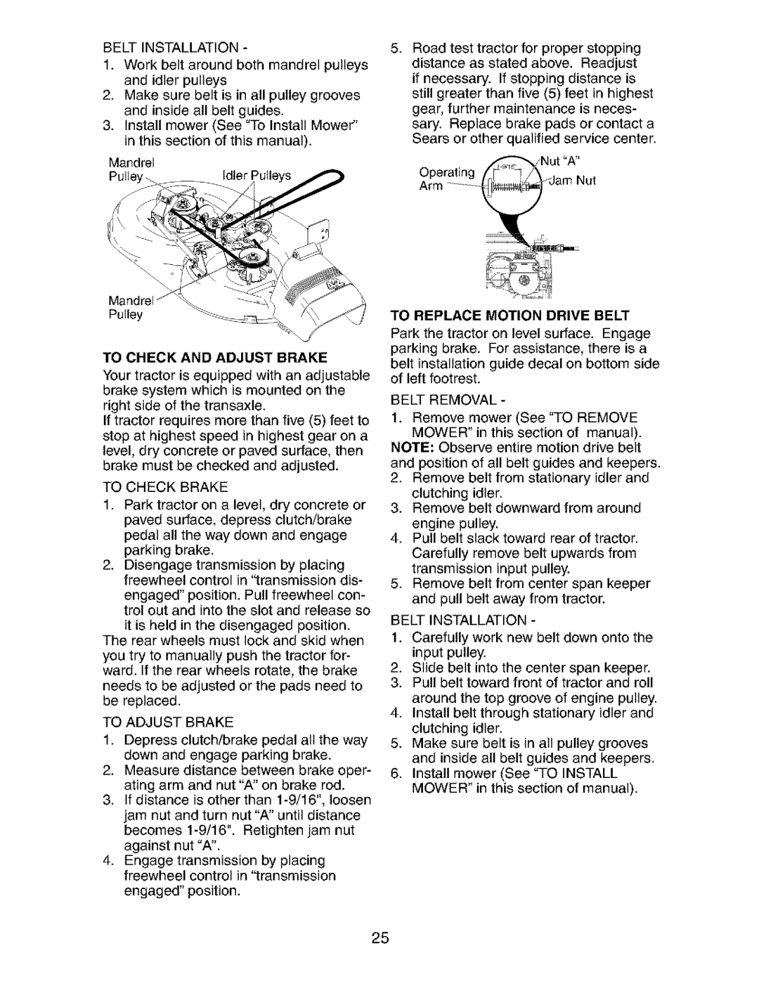 Craftsman 917.273823 To Adjust Brake, Belt Installation, To Check and Adjust Brake, To Replace Motion Drive Belt 