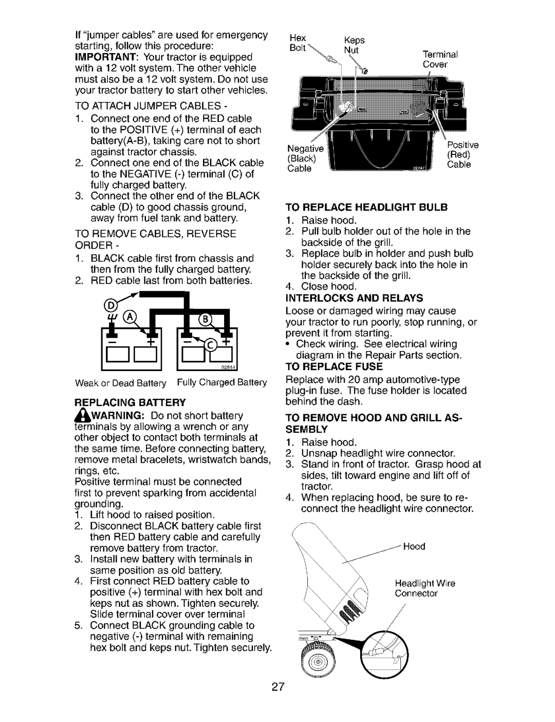 Craftsman 917.273823 owner manual Replacing Battery, To Replace Headlight Bulb, To Remove Hood and Grill AS Sembly 