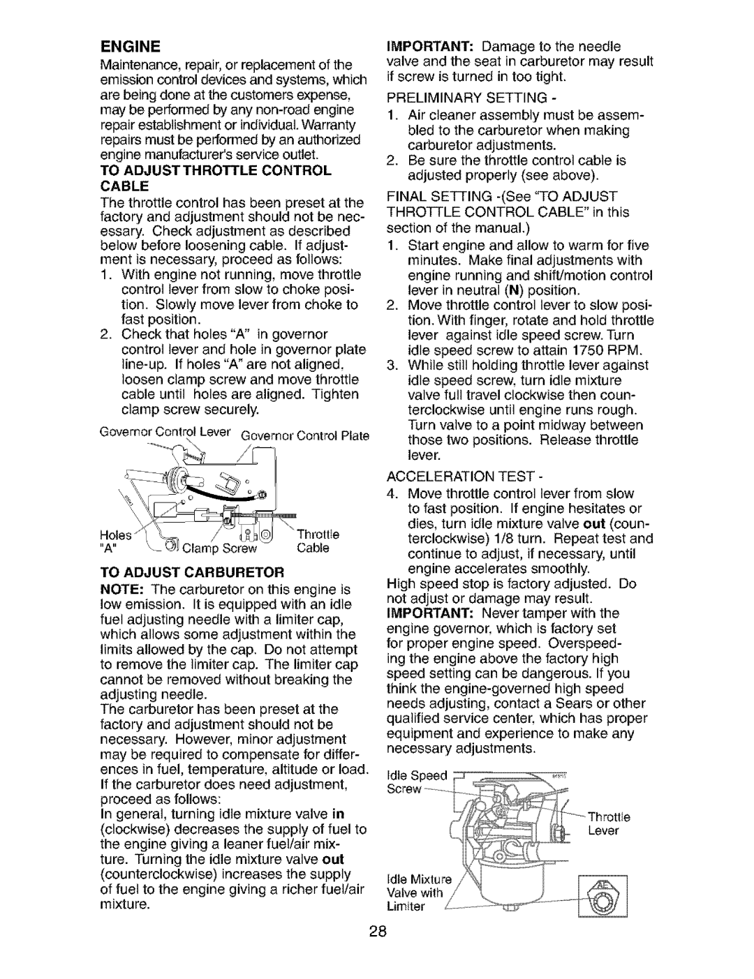 Craftsman 917.273823 To Adjustthrottle Control Cable, Preliminary Setting, Acceleration Test, To Adjust Carburetor 