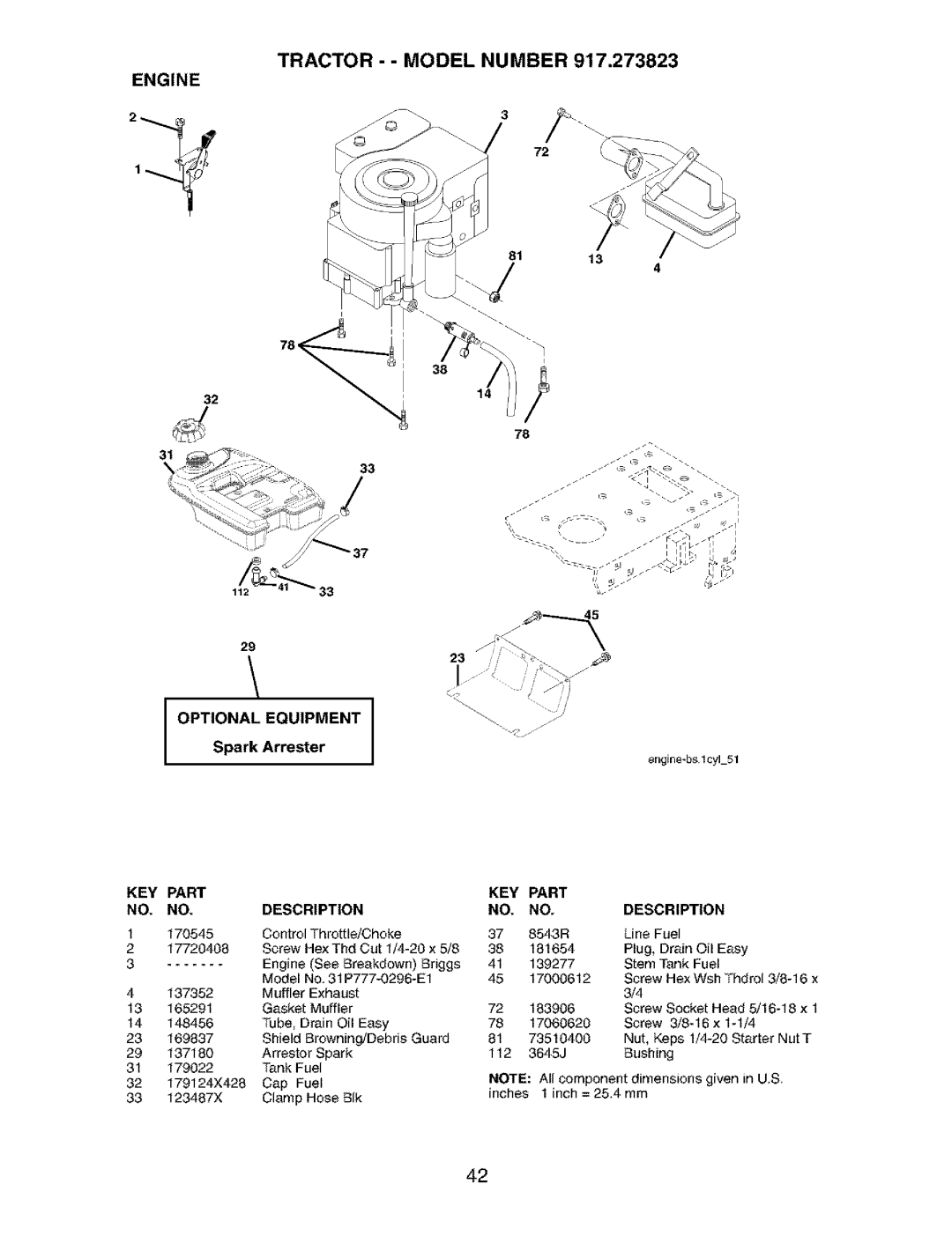 Craftsman 917.273823 owner manual Tractor - Model Number, Engine, Optional Equipment, KEY Part 