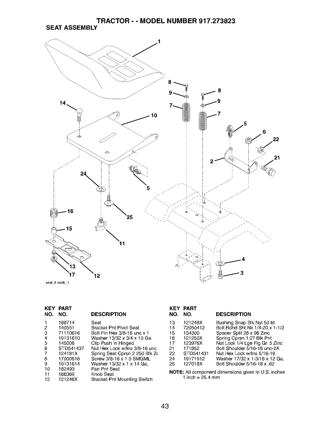 Craftsman owner manual Tractor - Model Number 917.273823 Seat Assembly, KEY Part NO. NO.DESCRIPTION 