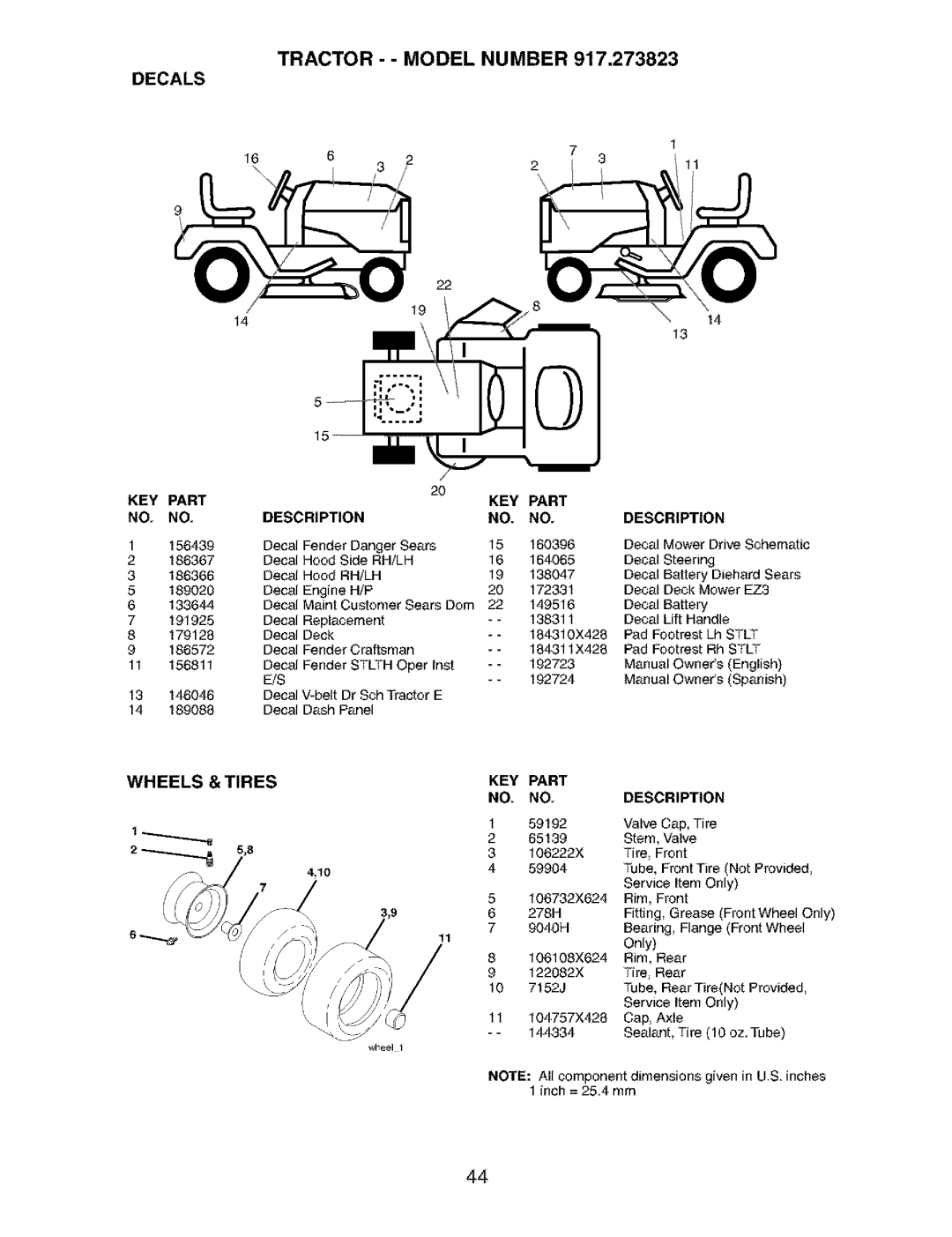 Craftsman 917.273823 owner manual Tractor - Model Number Decals, Wheels & Tires KEY Part Description, Tire, Front 