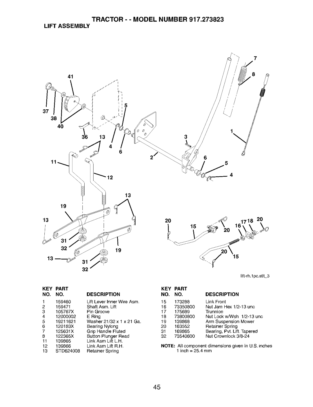 Craftsman 917.273823 owner manual Tractor - Model Number Lift Assembly, Ring, Link Front 