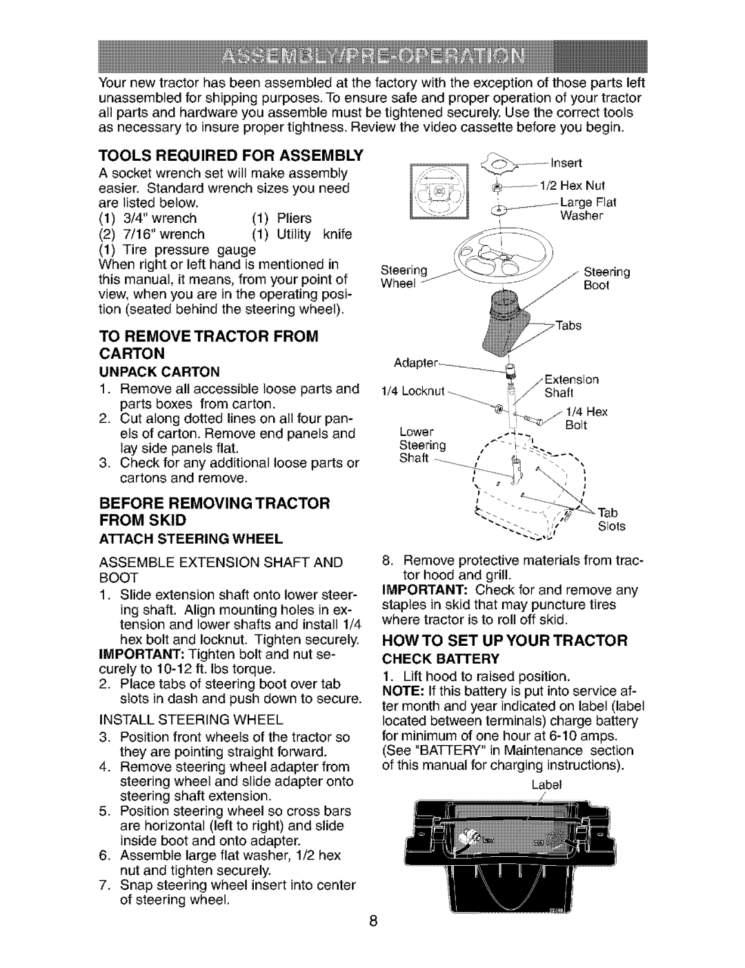 Craftsman 917.273823 owner manual To Remove Tractor from Carton, Howto SET UP Your Tractor, Unpack Carton 