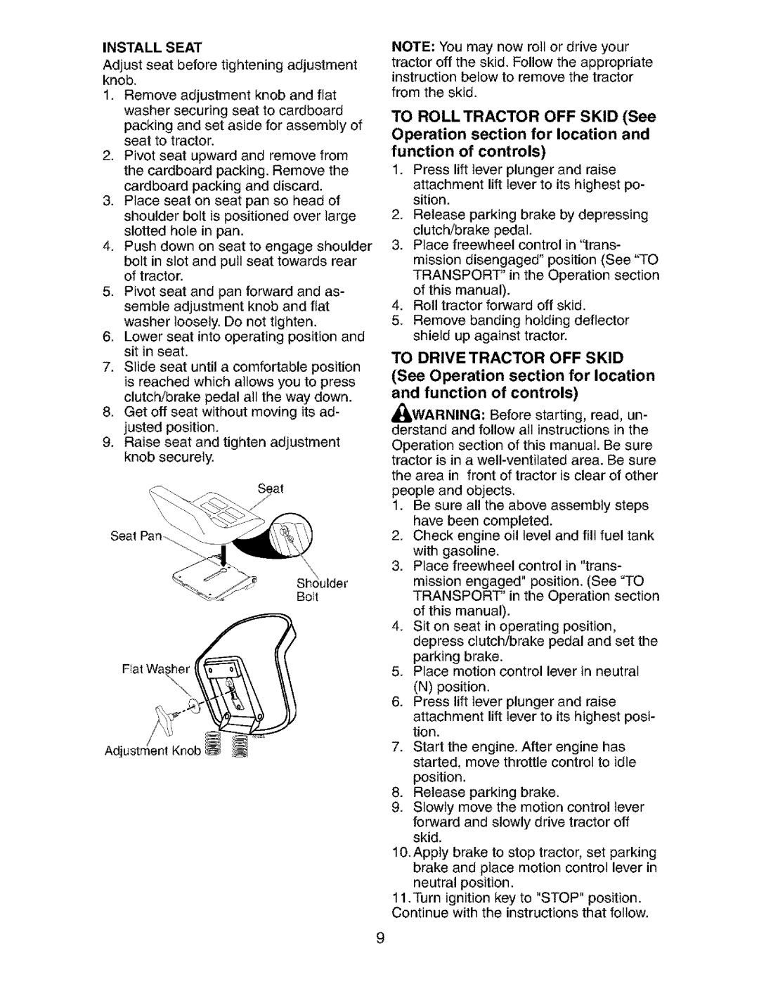 Craftsman 917.273823 owner manual To Drive Tractor OFF Skid, Install Seat 