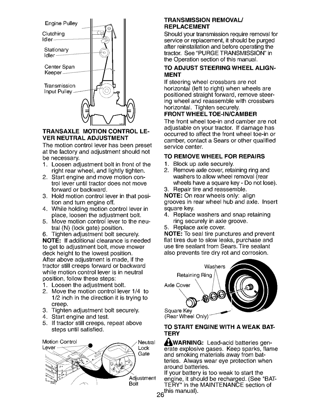 Craftsman 917.273823 owner manual To Start Engine With A Weak Bat Tery, 26this manual, Transmission Removal Replacement 
