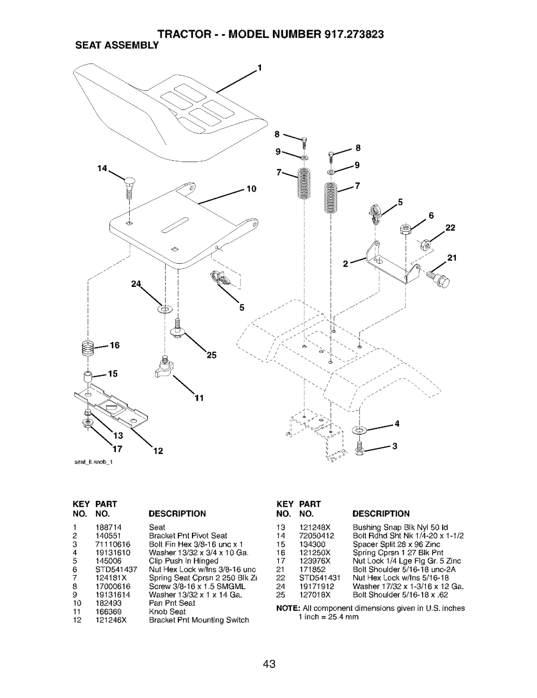 Craftsman owner manual TRACTOR - - MODEL NUMBER 917.273823 SEAT ASSEMBLY, Key Part No. No.Description 