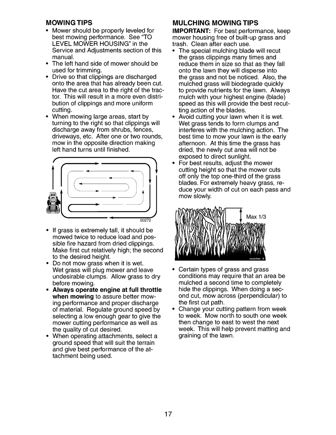 Craftsman 917.27384 owner manual Mulching Mowing Tips 