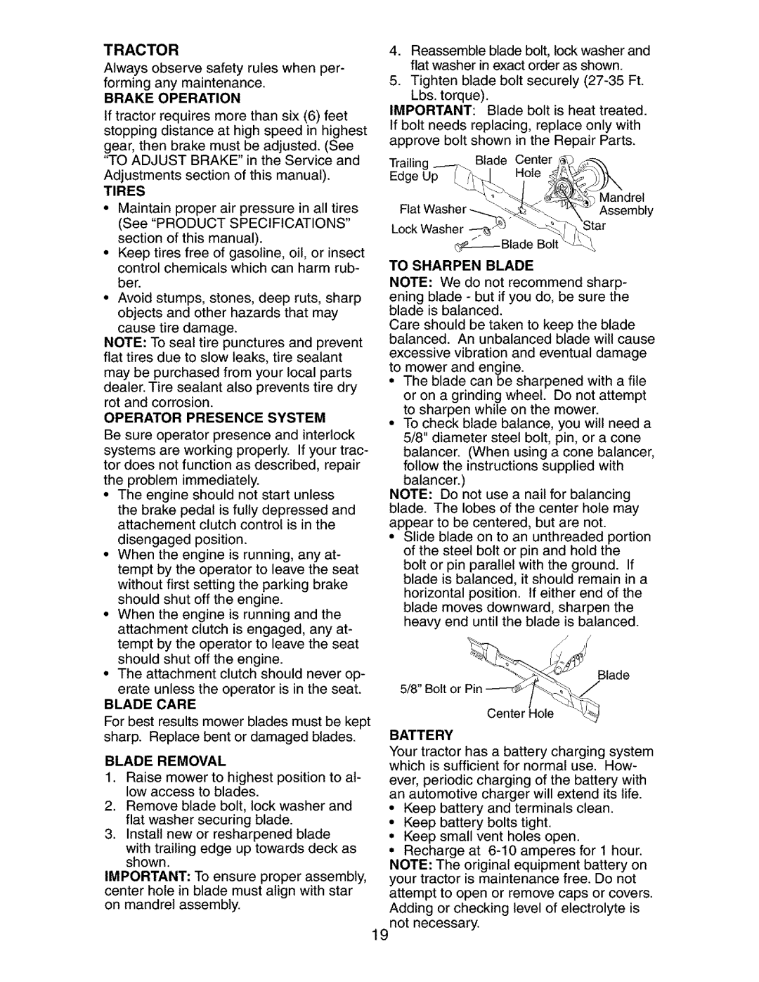 Craftsman 917.27384 owner manual Tractor, Blade Removal, To Sharpen Blade, Battery 