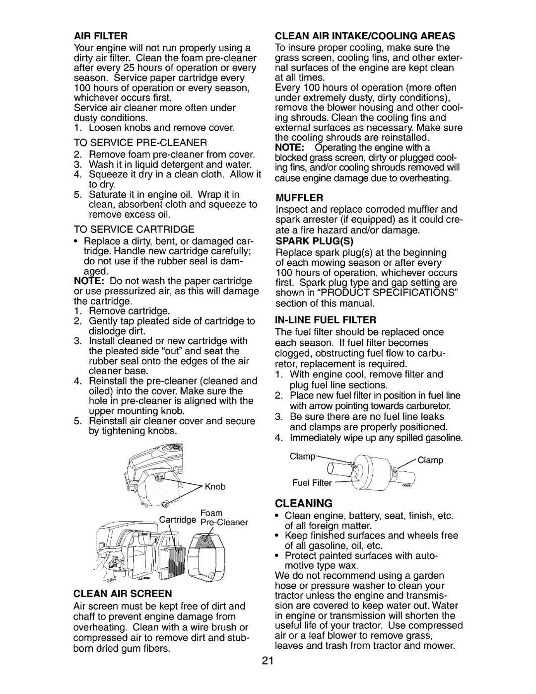 Craftsman 917.27384 AIR Filter, Clean AIR INTAKE/COOLING Areas, Muffler, IN-LINE Fuel Filter, Clean AIR Screen, Cleaning 