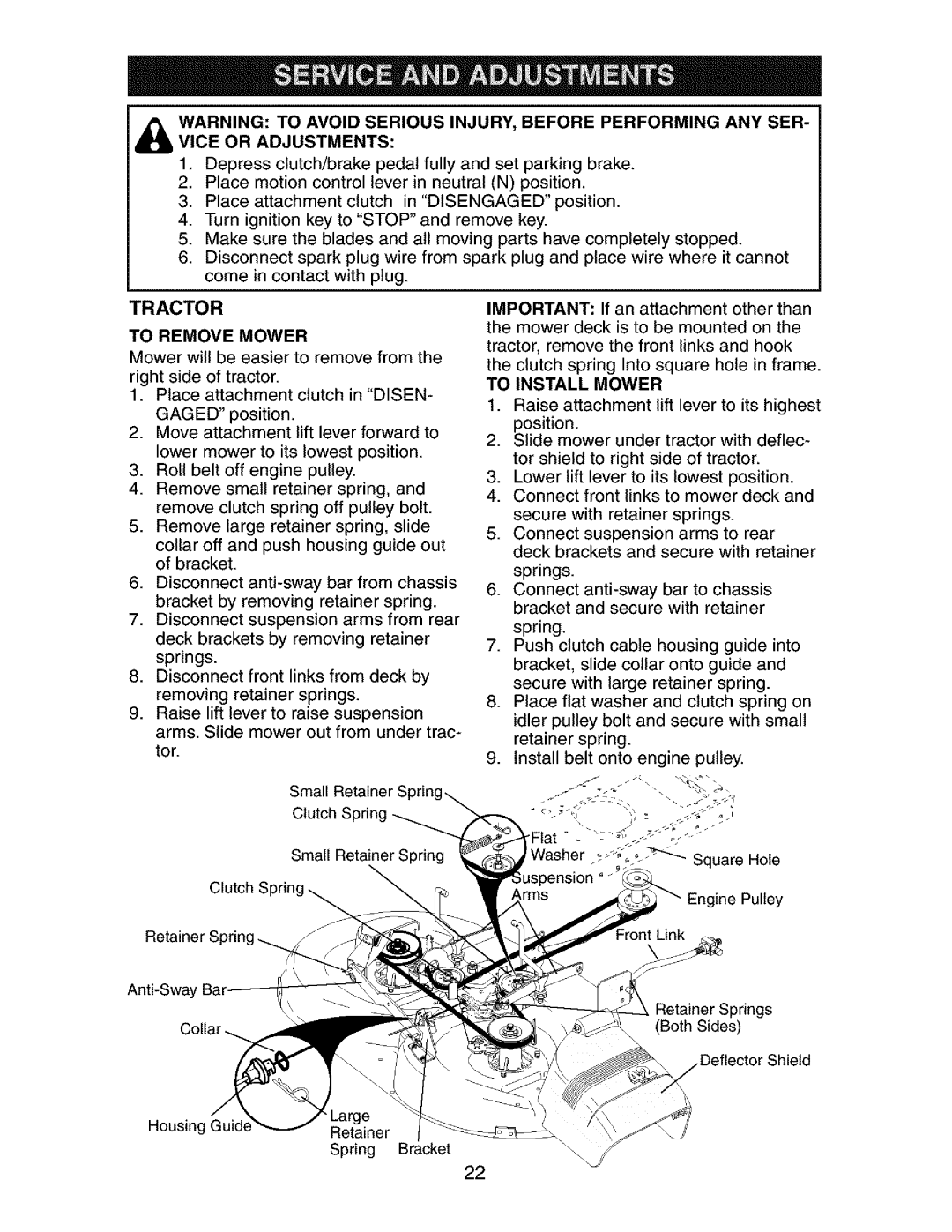 Craftsman 917.27384 owner manual Tractor, To Remove Mower, To Install Mower 