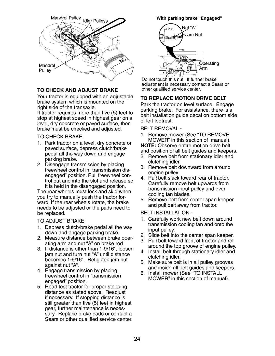 Craftsman 917.27384 owner manual To Check and Adjust Brake, To Adjust Brake, To Replace Motion Drive Belt 