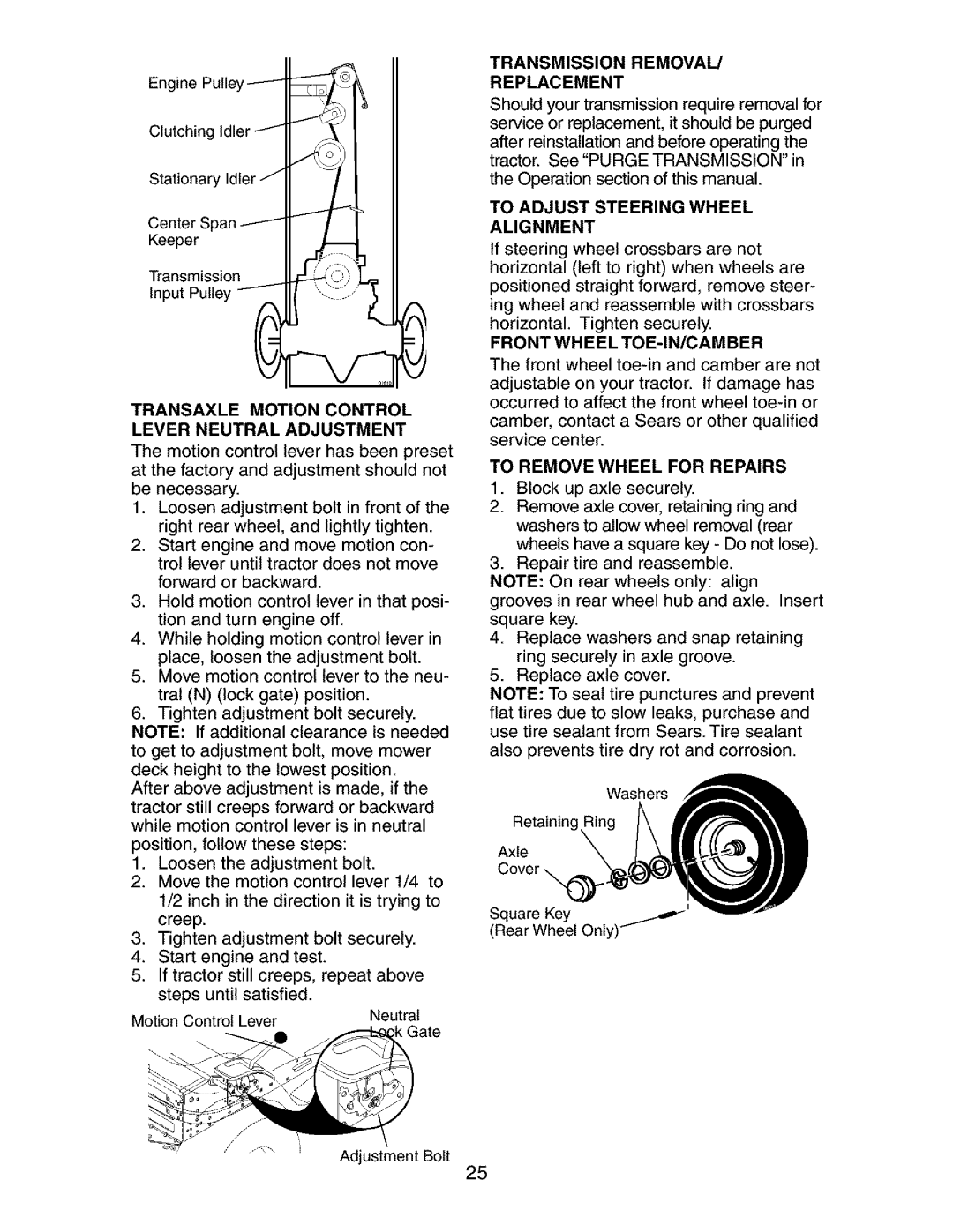 Craftsman 917.27384 owner manual Transaxle Motion Control Lever Neutral Adjustment, Transmission Removal Replacement 