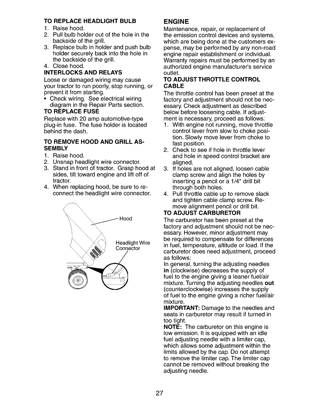 Craftsman 917.27384 owner manual To Replace Headlight Bulb, Engine, To Adjustthrottle Control Cable 