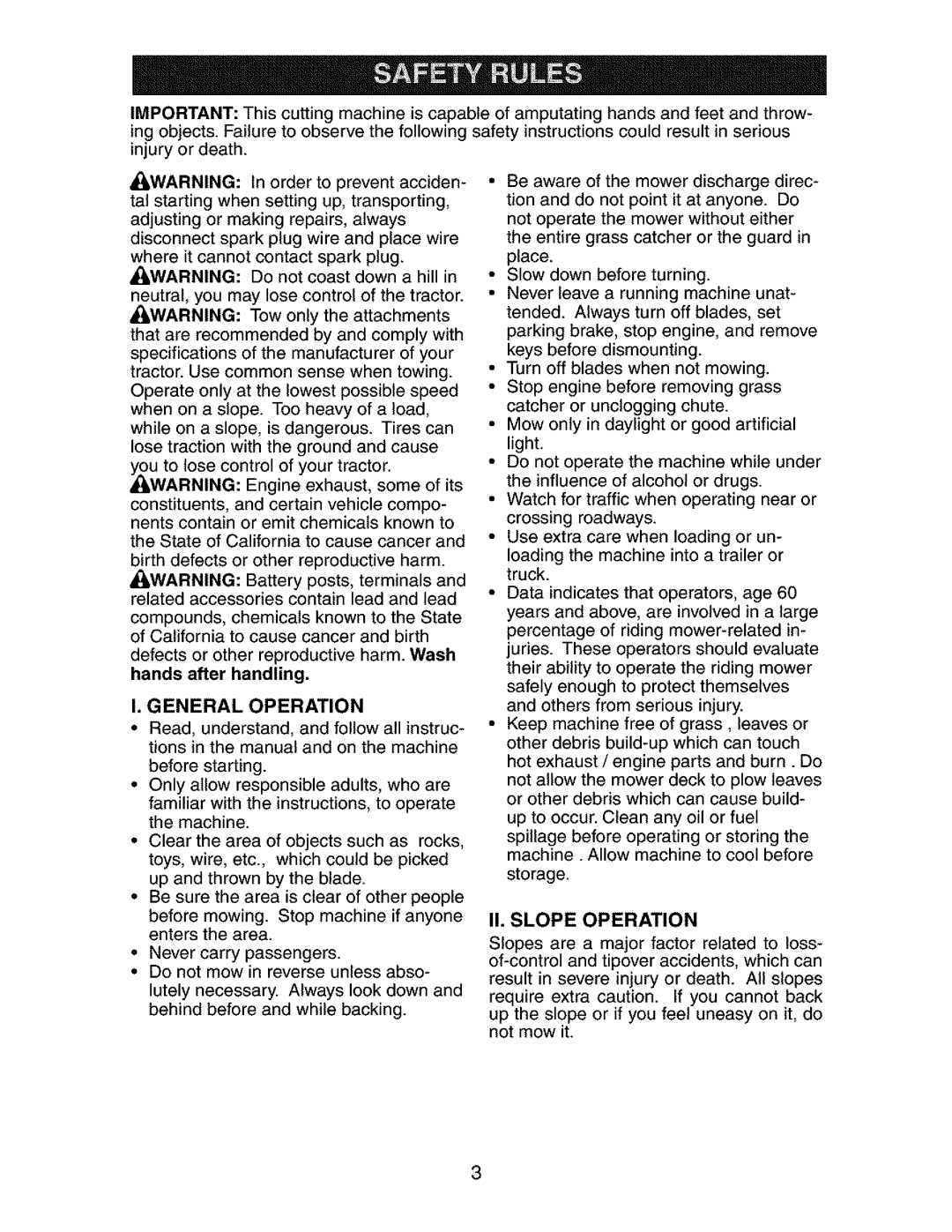 Craftsman 917.27384 owner manual II. Slope Operation, General Operation 