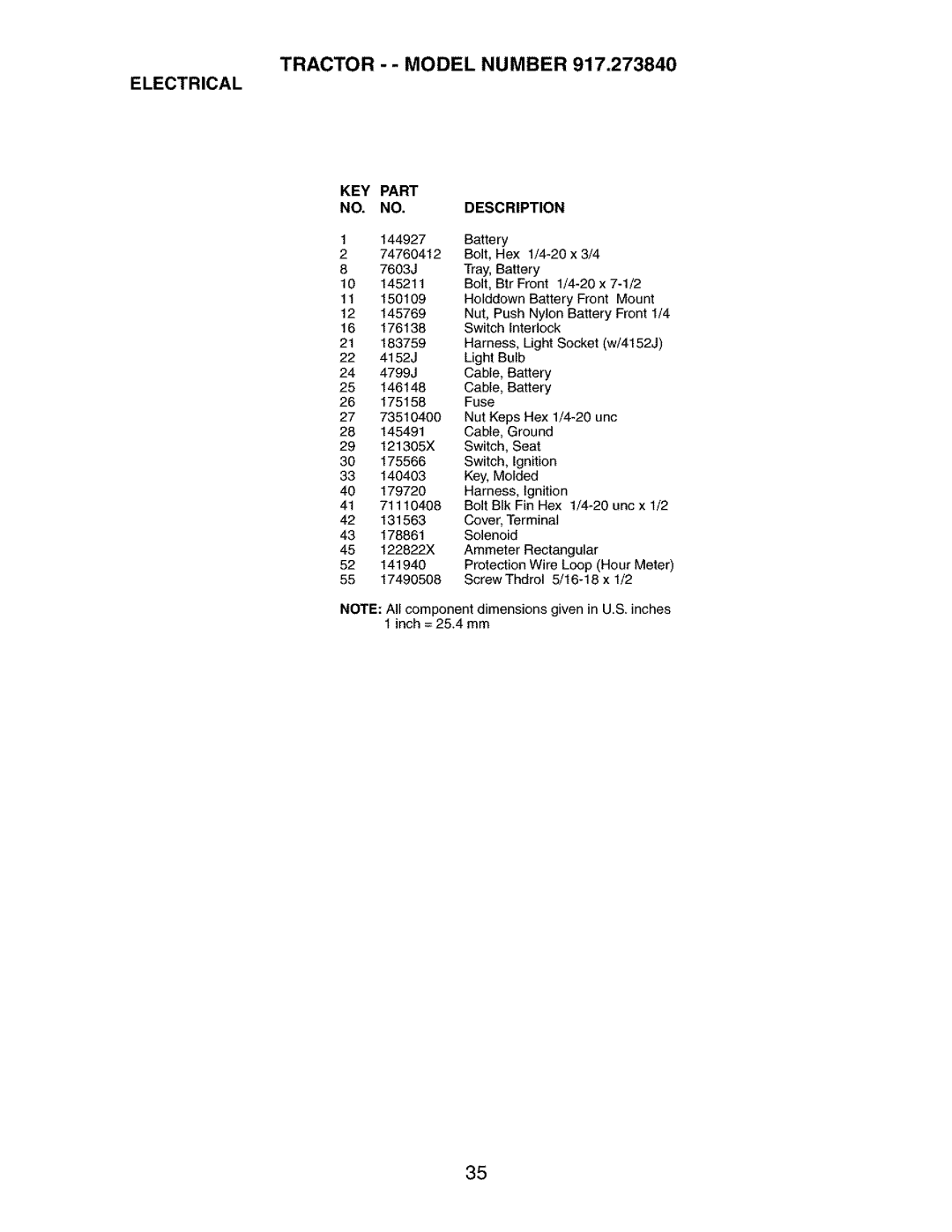 Craftsman 917.27384 owner manual Tractor - Model Number Electrical, KEY Part Description 