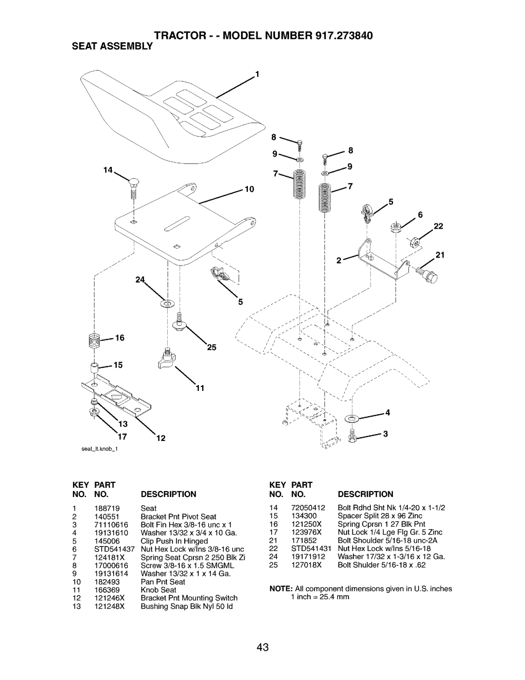 Craftsman 917.27384 owner manual Tractor - Model Number Seat Assembly, KEY Part 