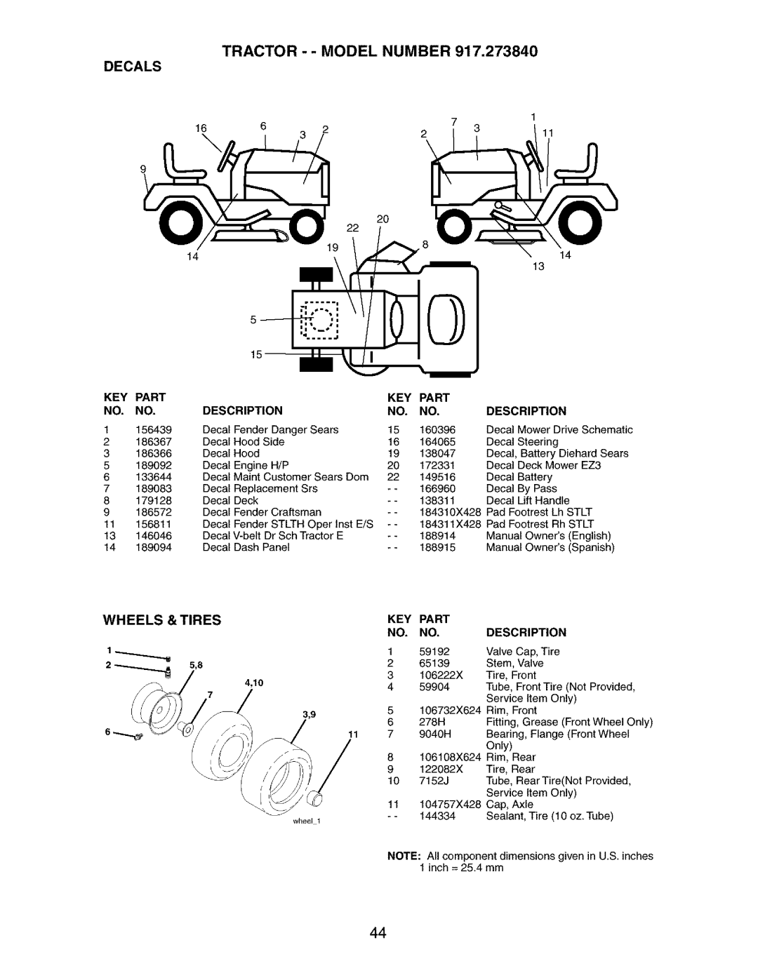 Craftsman 917.27384 owner manual Tractor - Model Number Decals, Description 