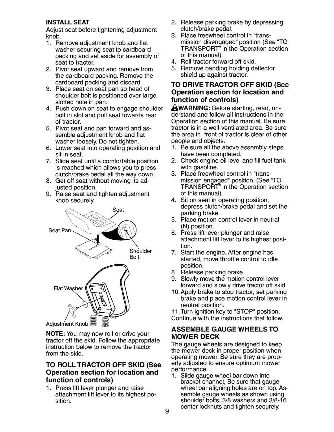 Craftsman 917.27384 owner manual Install Seat, Assemble Gauge Wheels to Mower Deck 