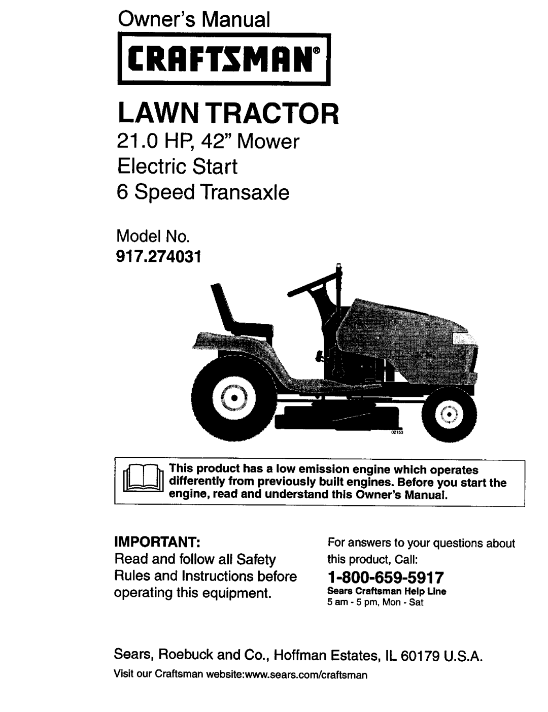 Craftsman 917.274031 owner manual Lawn Tractor 