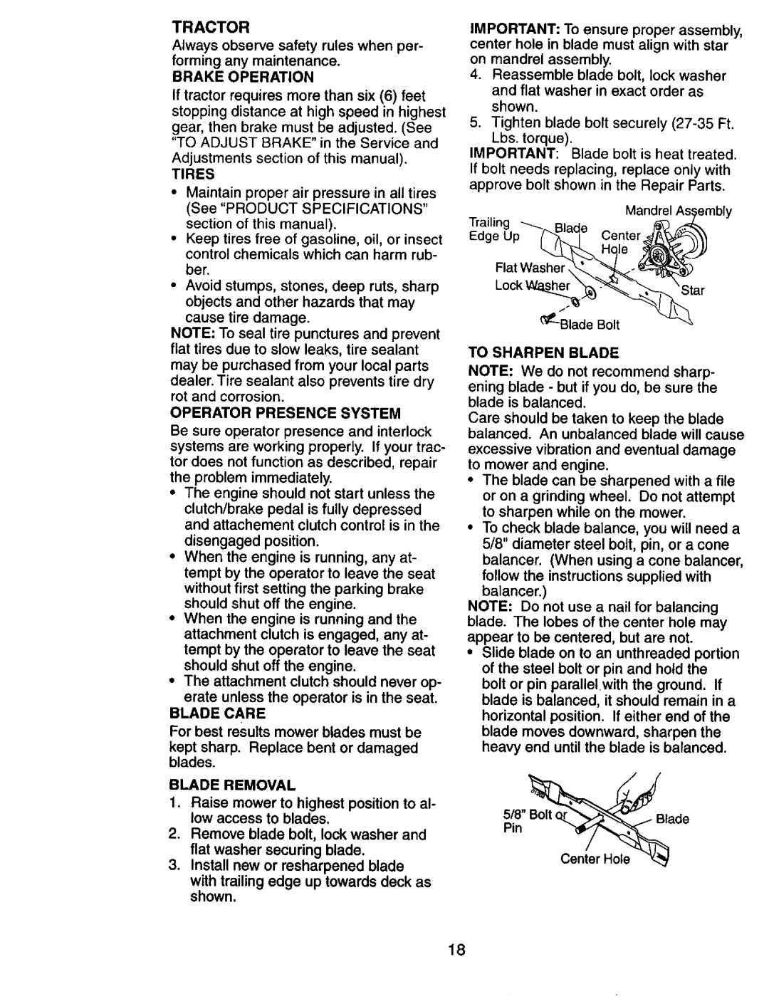 Craftsman 917.274031 Tractor, Brake Operation, Operator Presence System, Blade Care, Blade Removal, To Sharpen Blade 