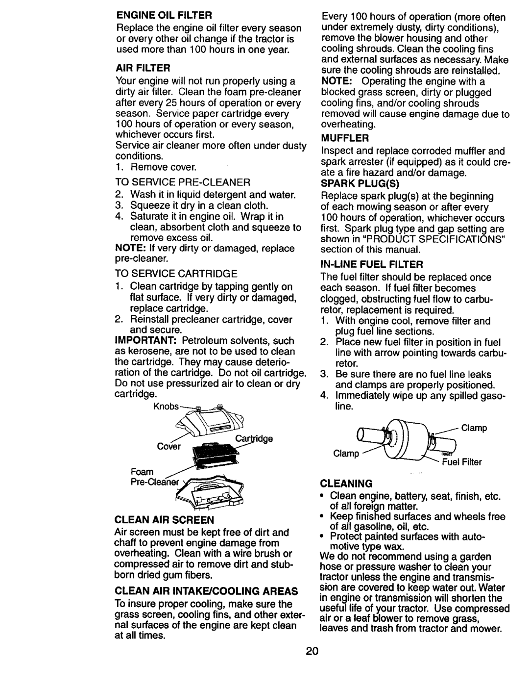 Craftsman 917.274031 Engine OIL Filter, AIR Filter, Clean AIR INTAKE/COOLING Areas, Muffler, Spark Plugs, Cleaning 