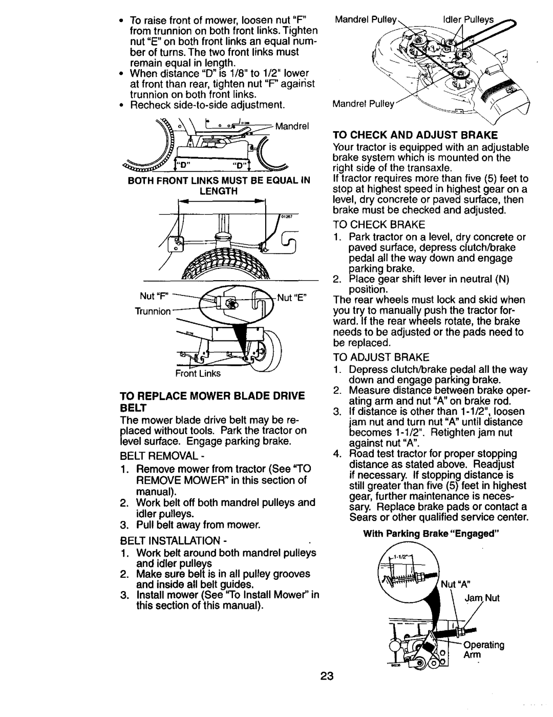 Craftsman 917.274031 owner manual To Replace Mower Blade Drive Belt, Belt Removal, To Check and Adjust Brake, ?Nut 