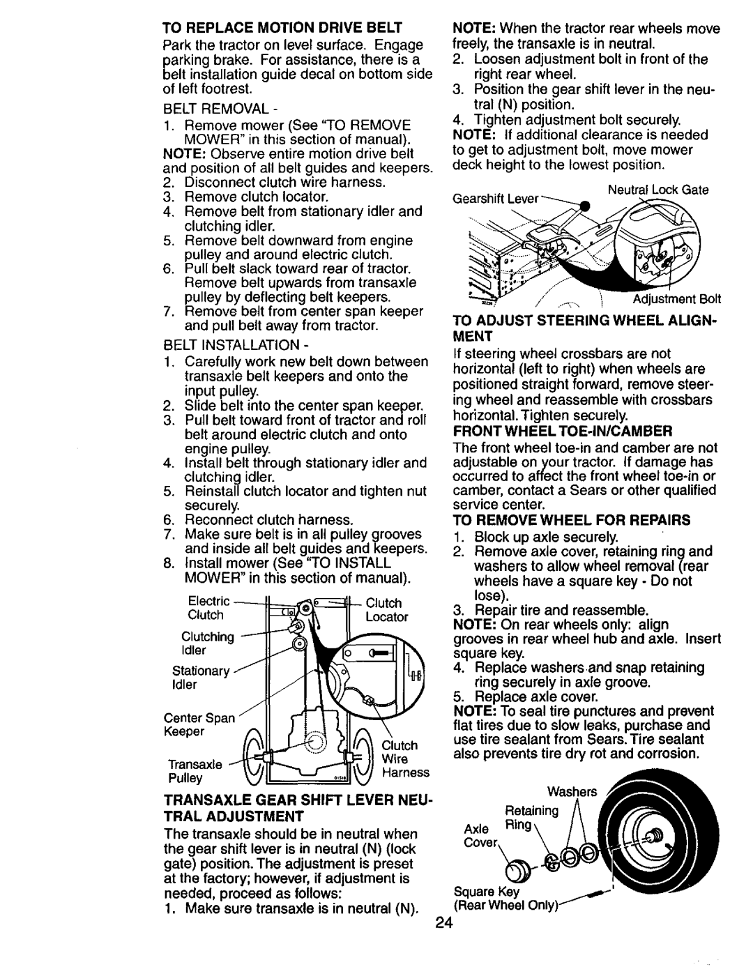 Craftsman 917.274031 owner manual To Replace Motion Drive Belt, Transaxle Gear Shift Lever NEU- Tral Adjustment 