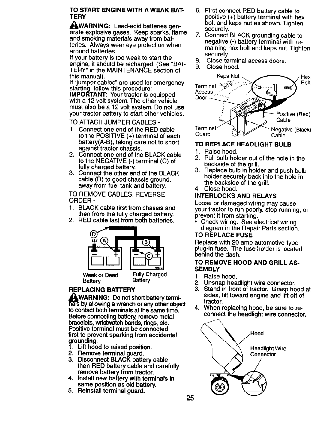 Craftsman 917.274031 To Start Engine with Aweak BAT- Tery, To Attach Jumper Cables, To Remove CABLES, Reverse Order 