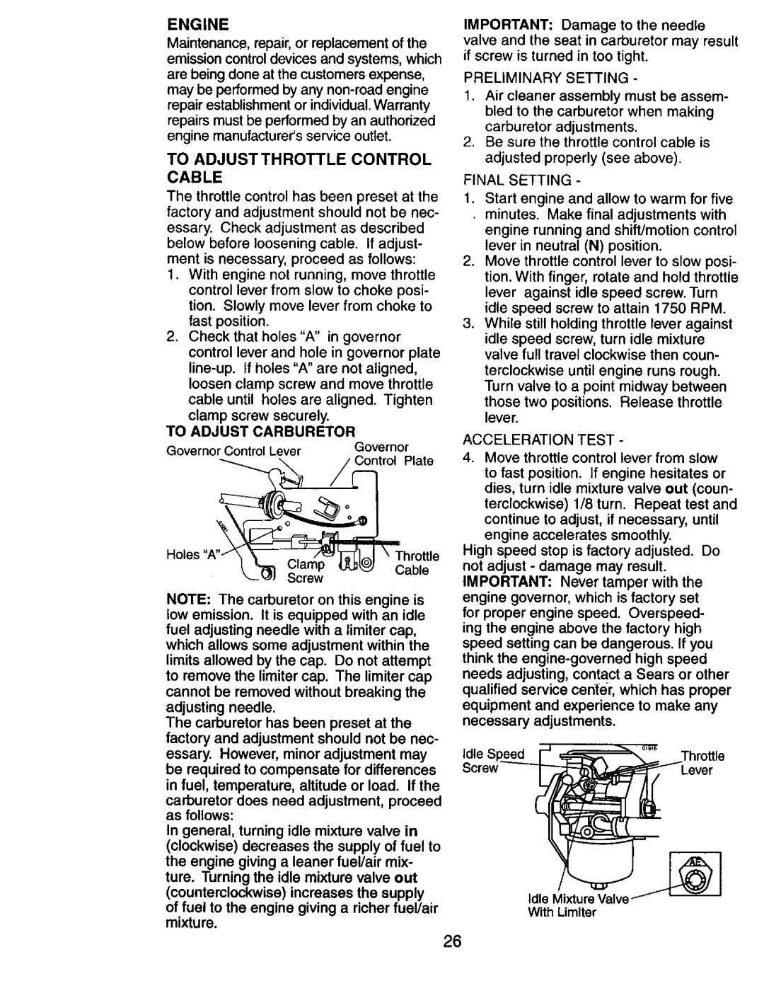 Craftsman 917.274031 owner manual To Adjustthrottle Control Cable, To Adjust Carburetor, With Limiter 