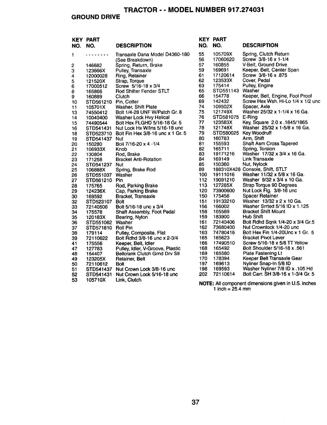 Craftsman 917.274031 owner manual Tractor - Model Number Ground Drive, NyUner 7/8 ID x .105 Hd 