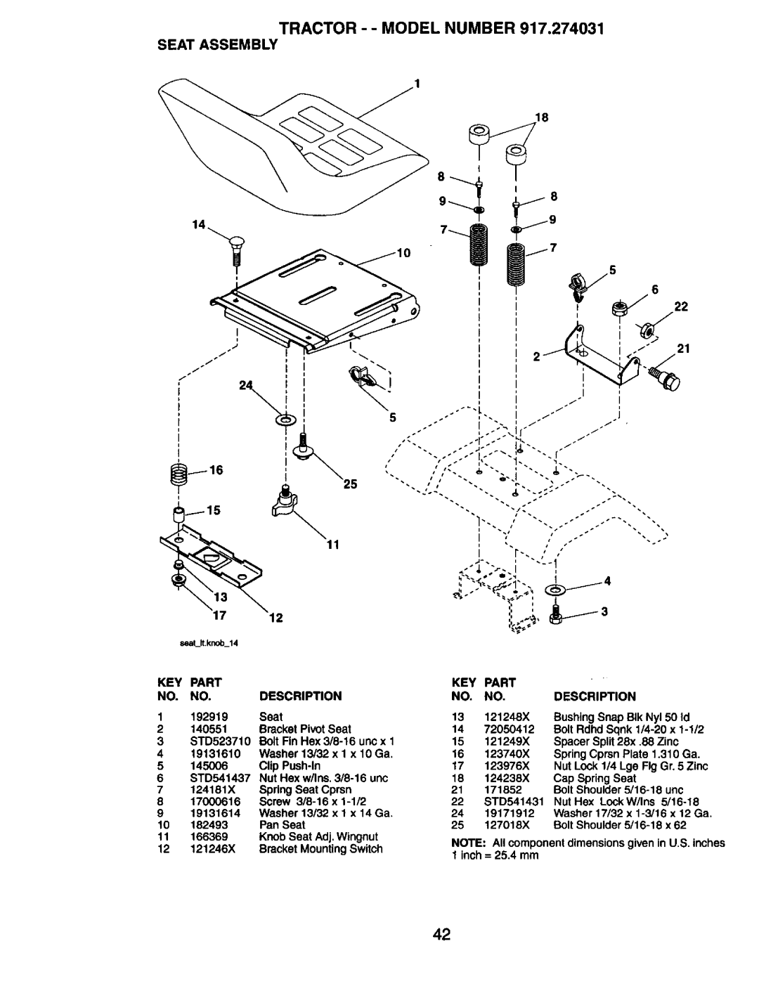 Craftsman 917.274031 owner manual Tractor - Model Number Seat Assembly, Bolt Shoulder 5/16-18 uno 