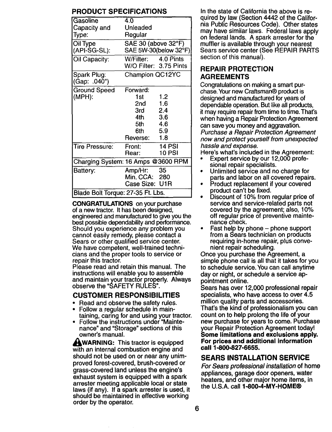 Craftsman 917.274031 owner manual Product Specifications, Sears Installation Service, Repair Protection Agreements 