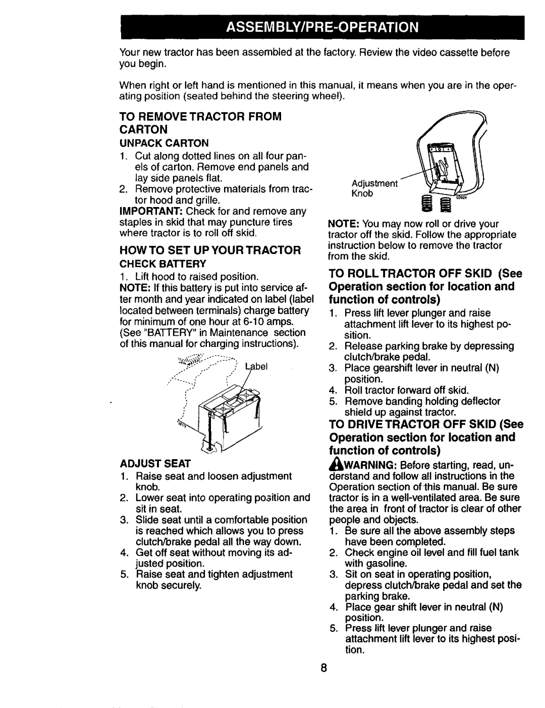 Craftsman 917.274031 To Remove Tractor from, HOW to SET UP Your Tractor, Unpack Carton, Check Battery, Adjust Seat 