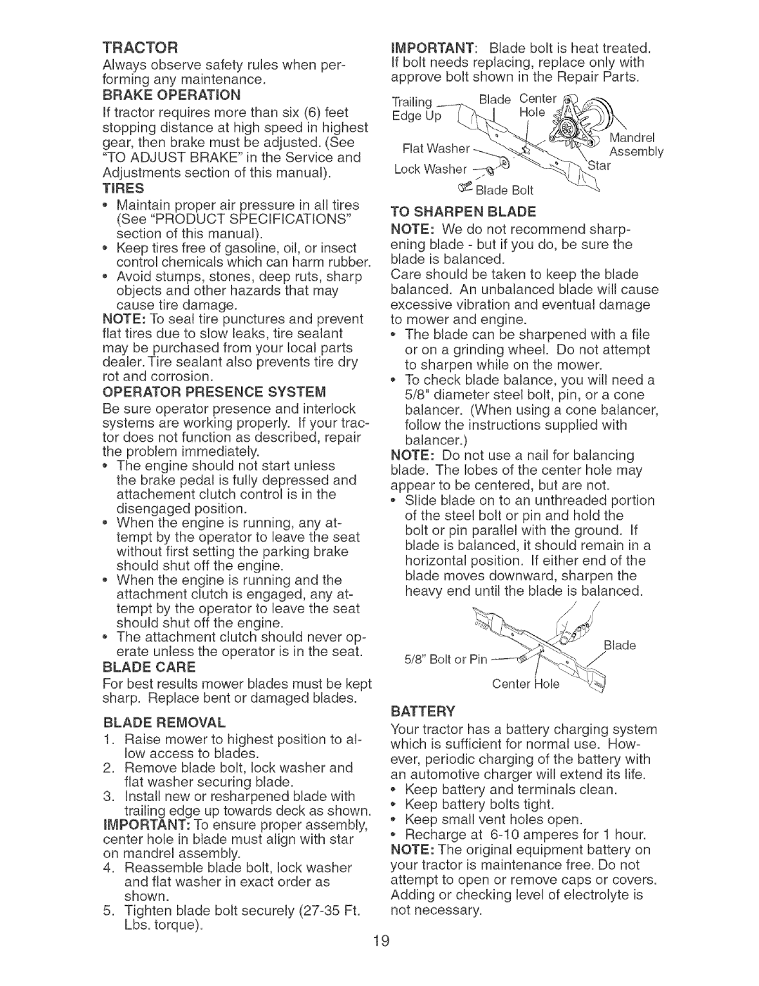 Craftsman 917.27404 owner manual Operator Presence System, Blade Care, Blade Removal, To Sharpen Blade 