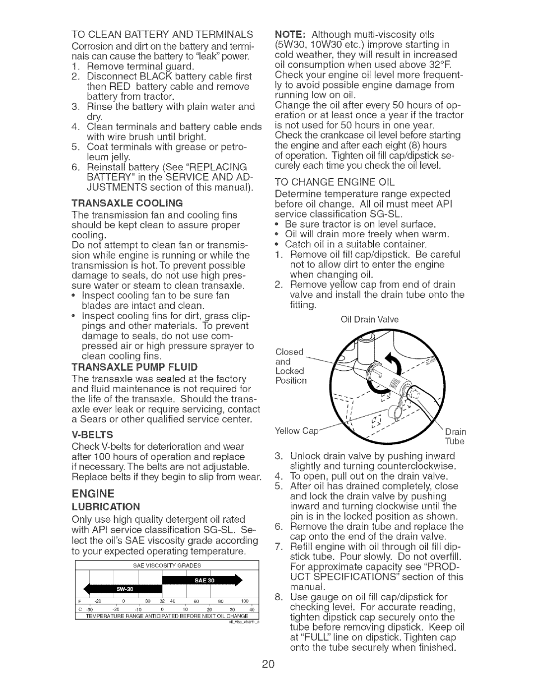 Craftsman 917.27404 To Clean Battery and Terminals, Transaxle Cooung, Transaxle Pump Fluid, Belts, To Change Engine OIL 