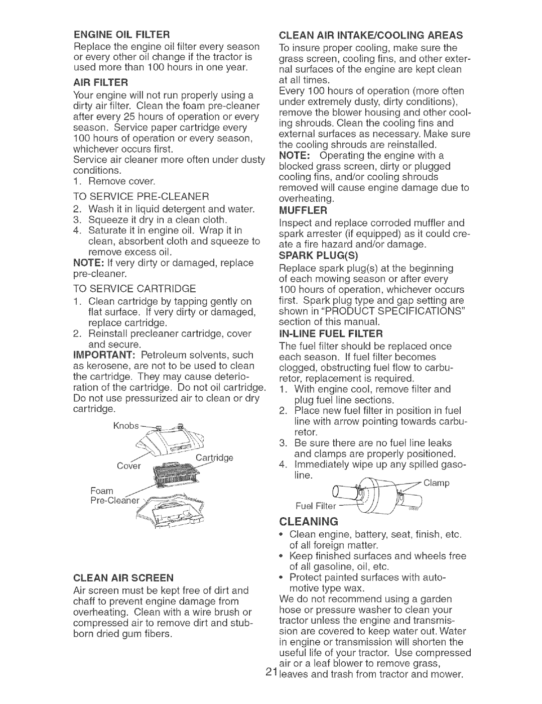 Craftsman 917.27404 owner manual To Service PRE-CLEANER, To Service Cartridge, Muffler, LNE Fuel Flter 