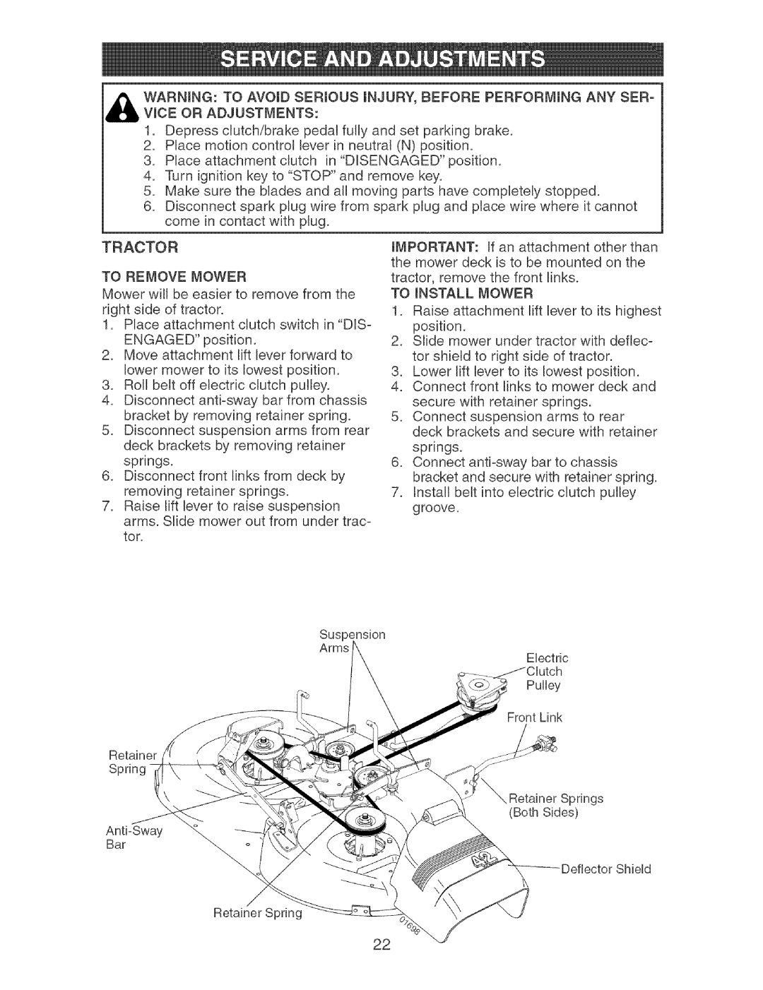 Craftsman 917.27404 owner manual Tractor, To Remove Mower 