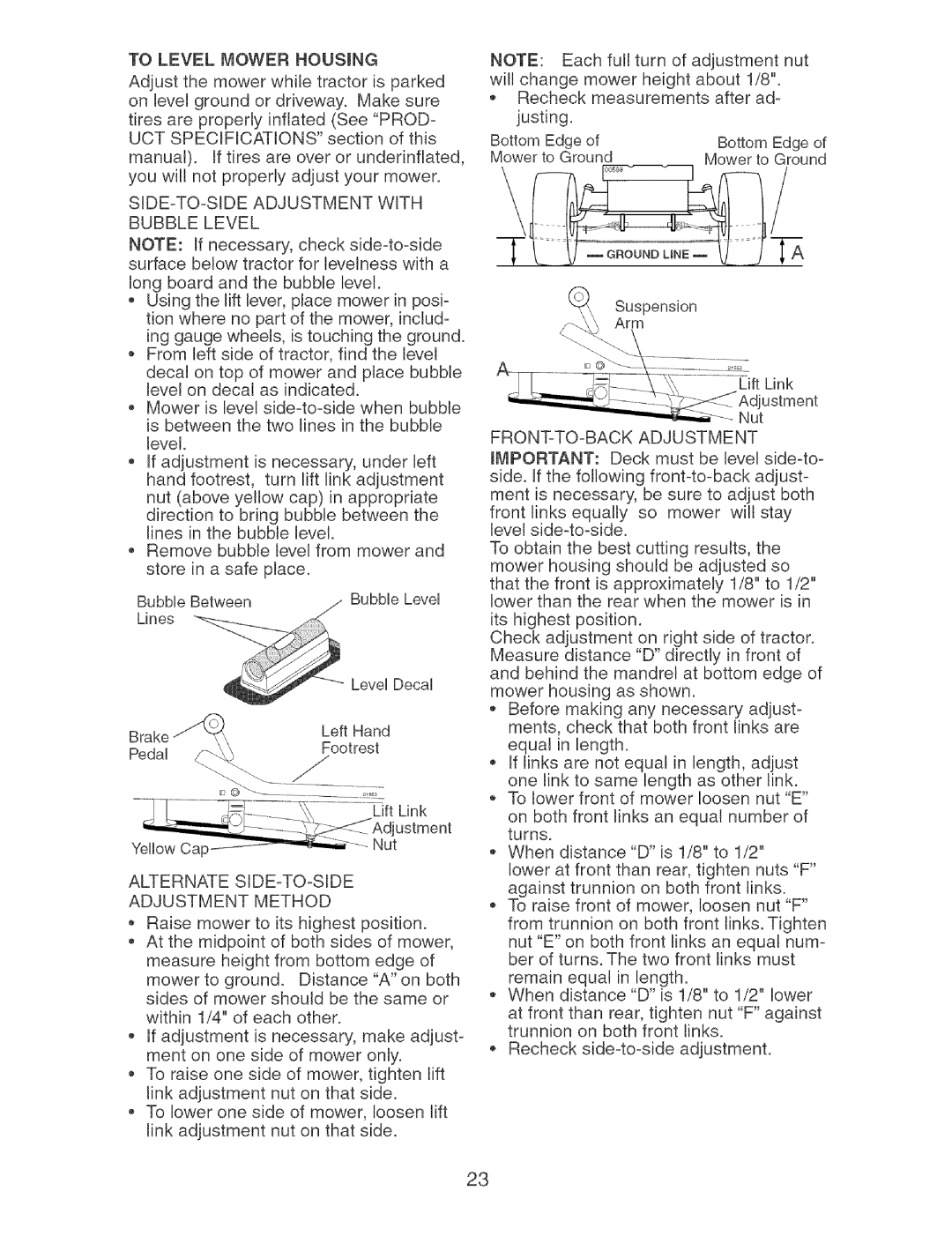 Craftsman 917.27404 owner manual SIDE-TO-SIDE Adjustment with Bubble Level, Alternate SIDE-TO-SIDE Adjustment Method 