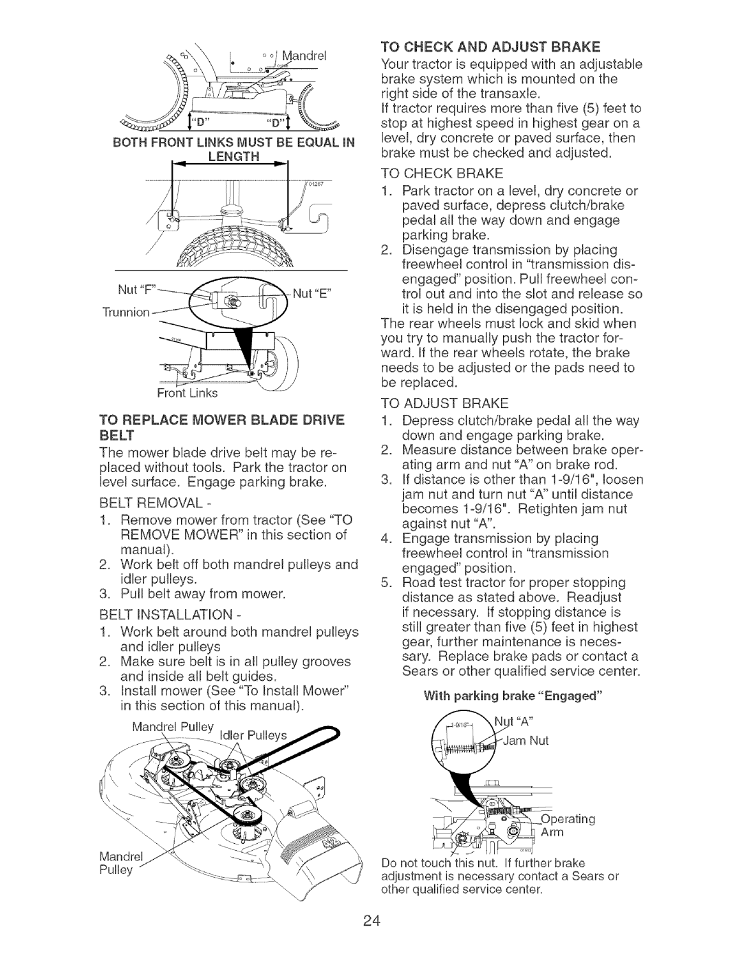 Craftsman 917.27404 owner manual Length, Belt Removal, Belt Installation, To Check and Adjust Brake, To Check Brake 