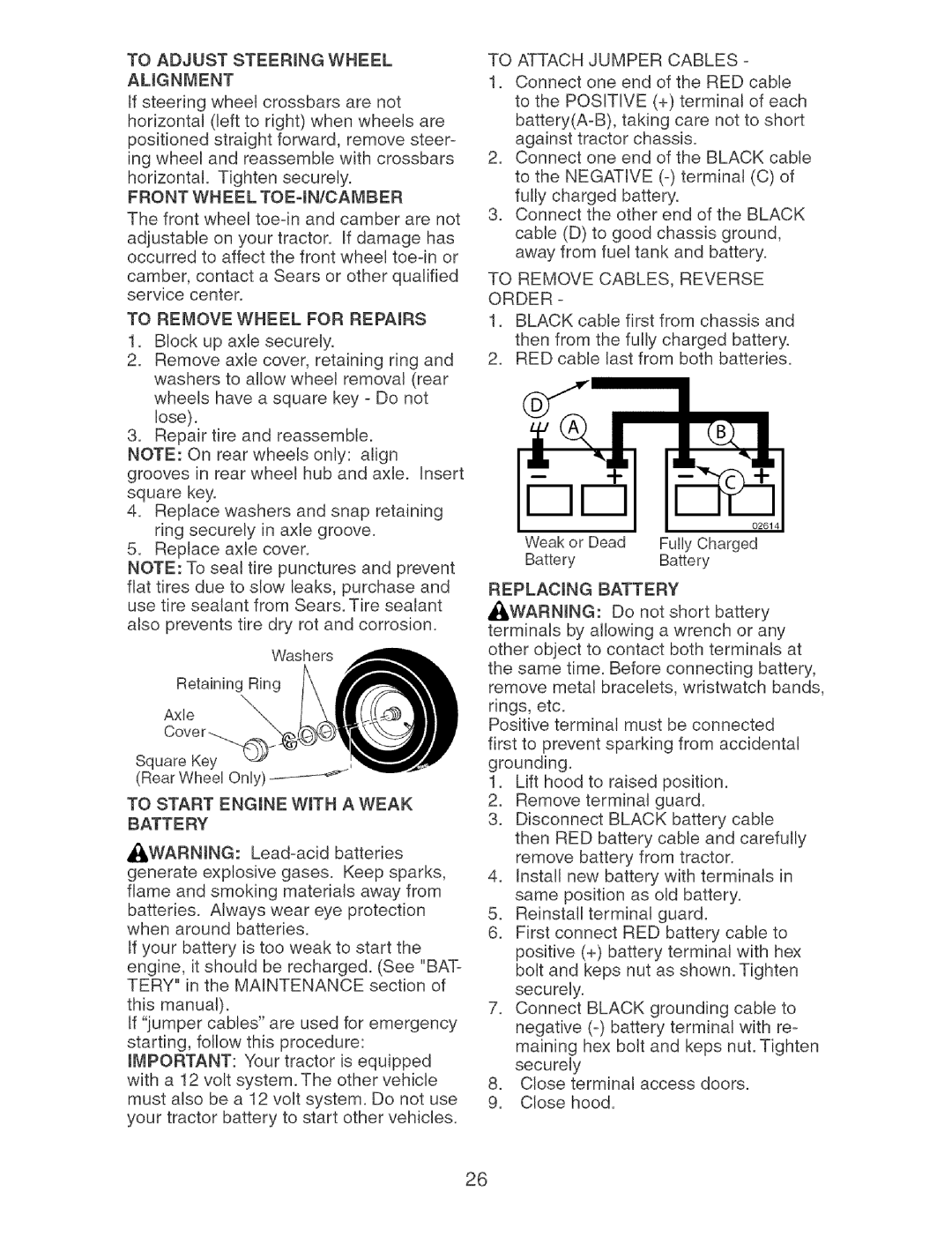 Craftsman 917.27404 owner manual Replacing Battery, To Attach Jumper Cables, To Remove CABLES, Reverse Order 