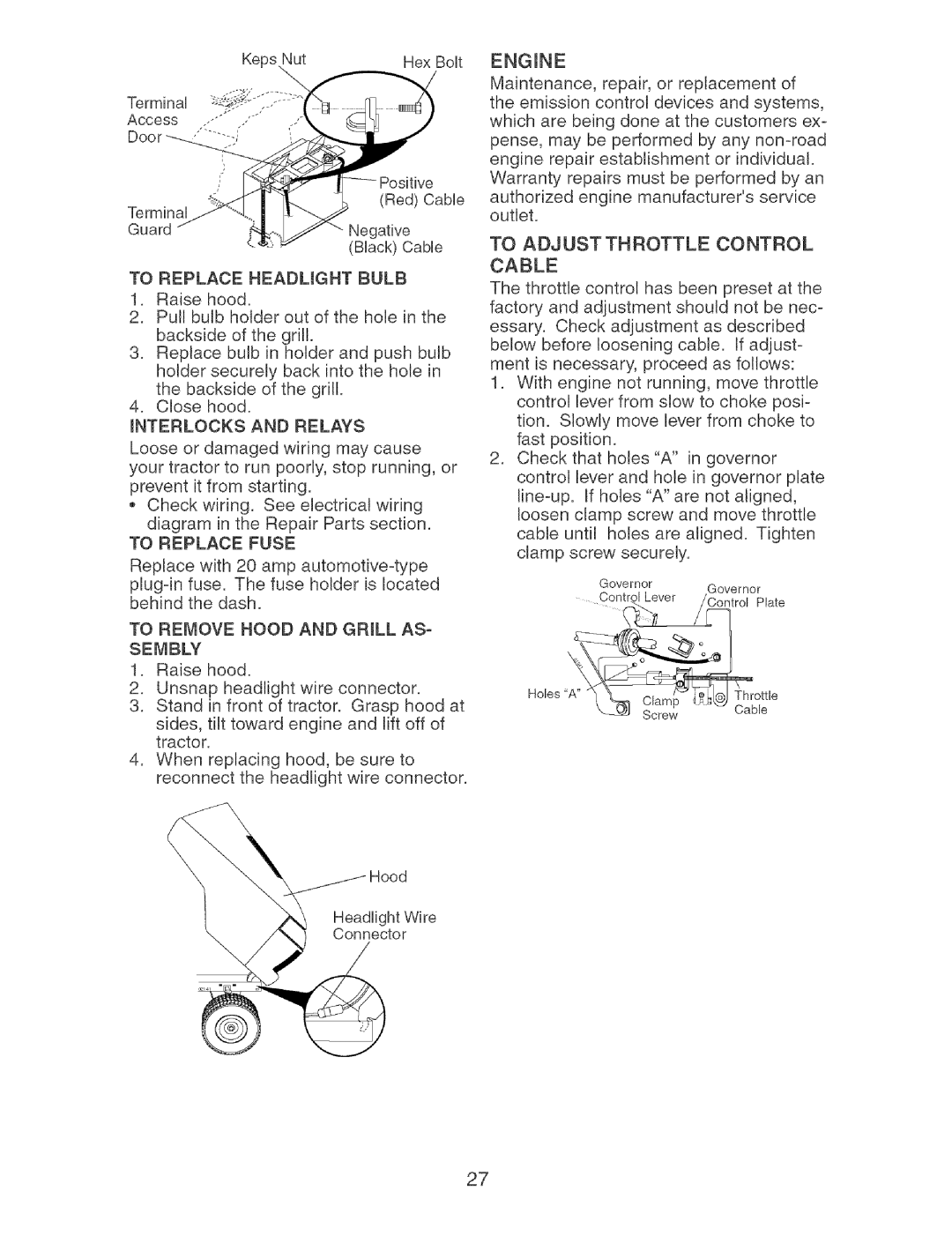 Craftsman 917.27404 owner manual To Adjust Throttle Control Cable, To Replace Headught Bulb, To Replace Fuse, Sembly 