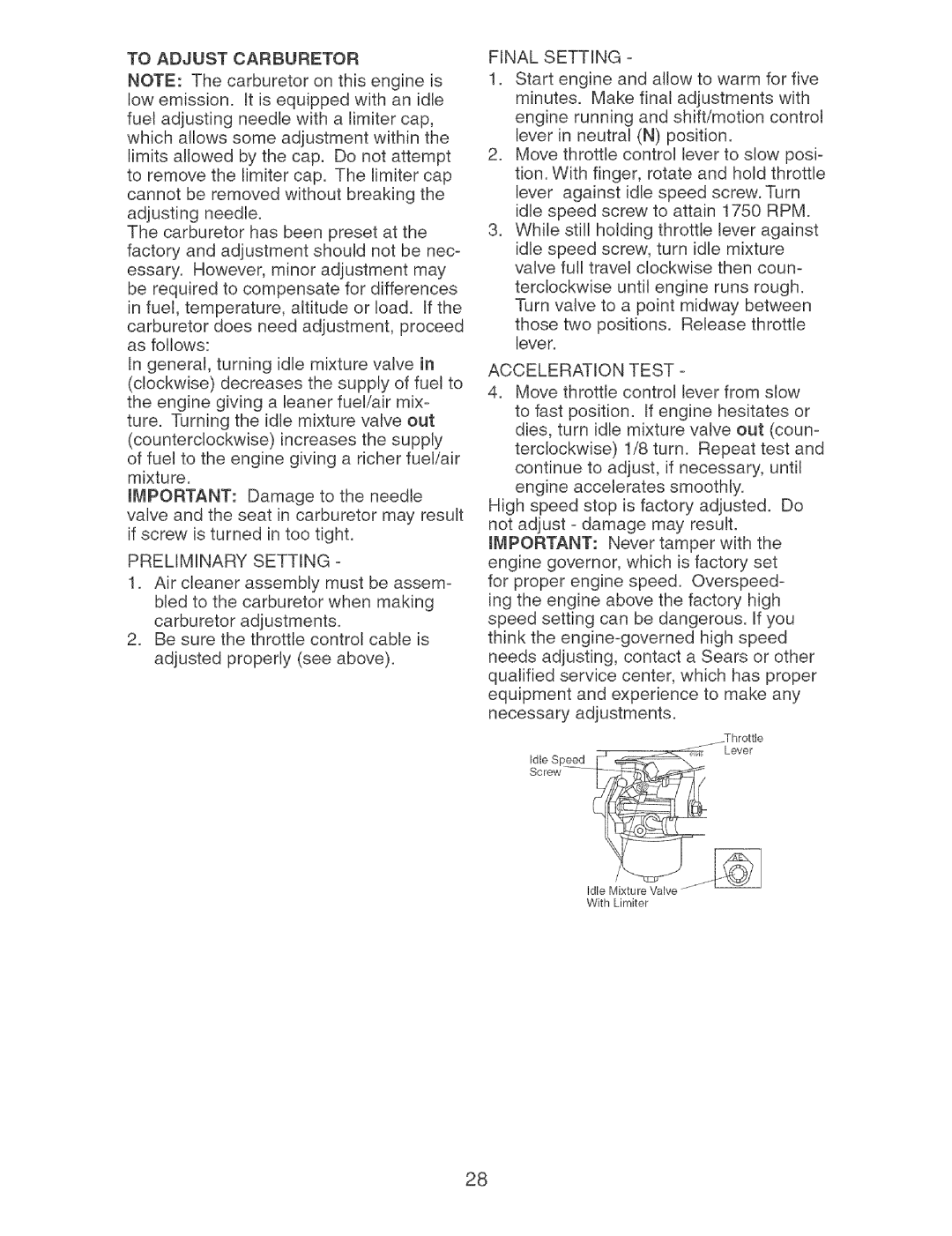 Craftsman 917.27404 owner manual To Adjust Carburetor, Preliminary Setting, Final Setting, Acceleration Test 