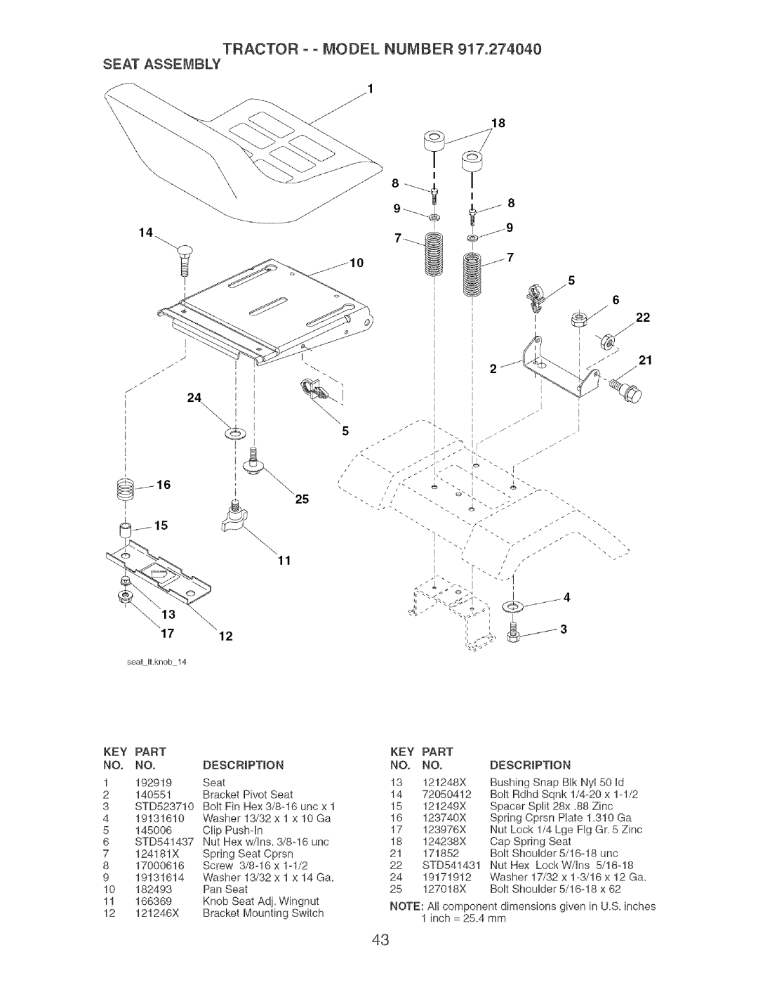 Craftsman owner manual Tractor ooMODEL Number 917.274040 Seat Assembly 