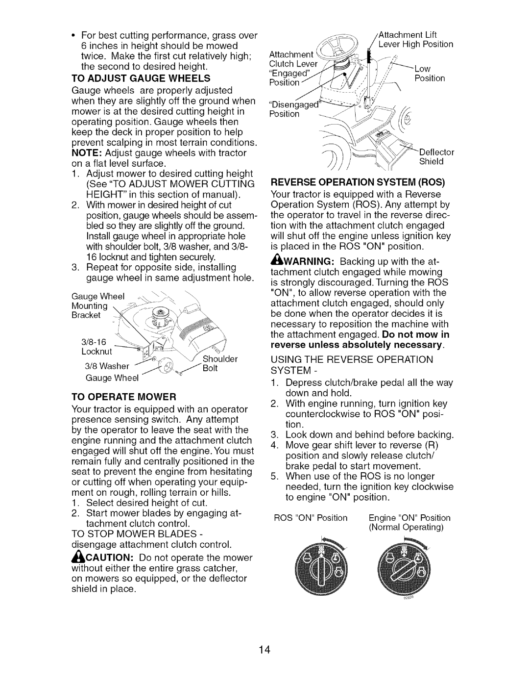 Craftsman 917.27475 manual To Operate Mower, Reverse Operation System ROS, Using the Reverse Operation System 