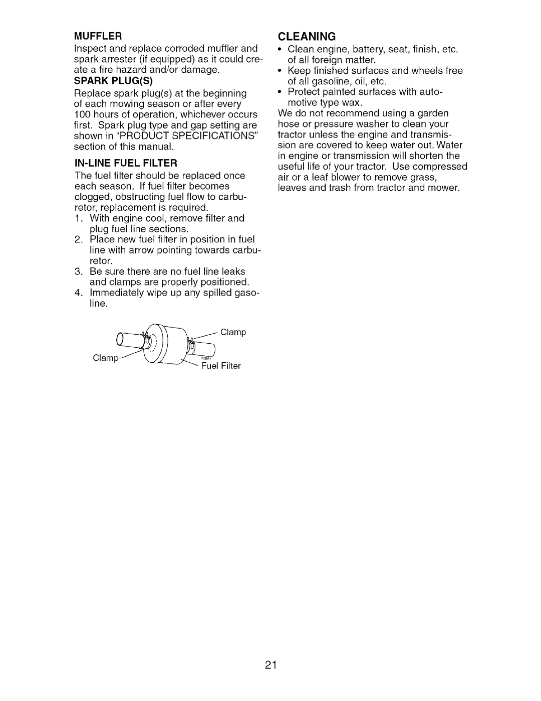 Craftsman 917.27475 manual Muffler, Spark Plugs, IN-LINE Fuel Filter, Cleaning 