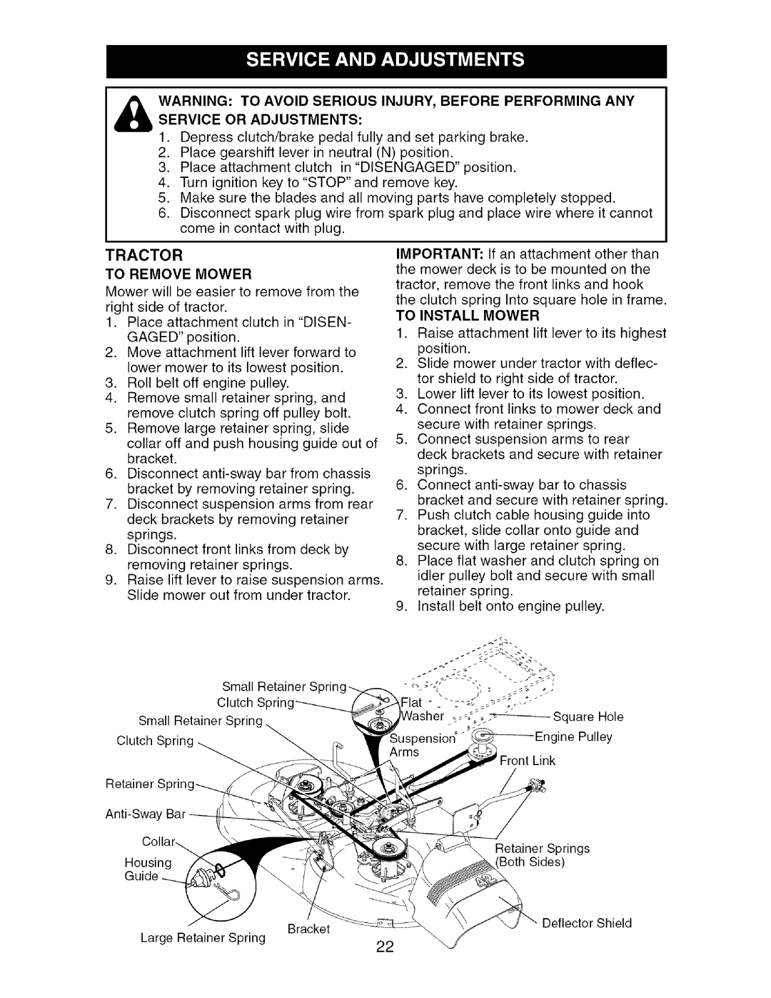 Craftsman 917.27475 manual Tractor To Remove Mower, To Install Mower 