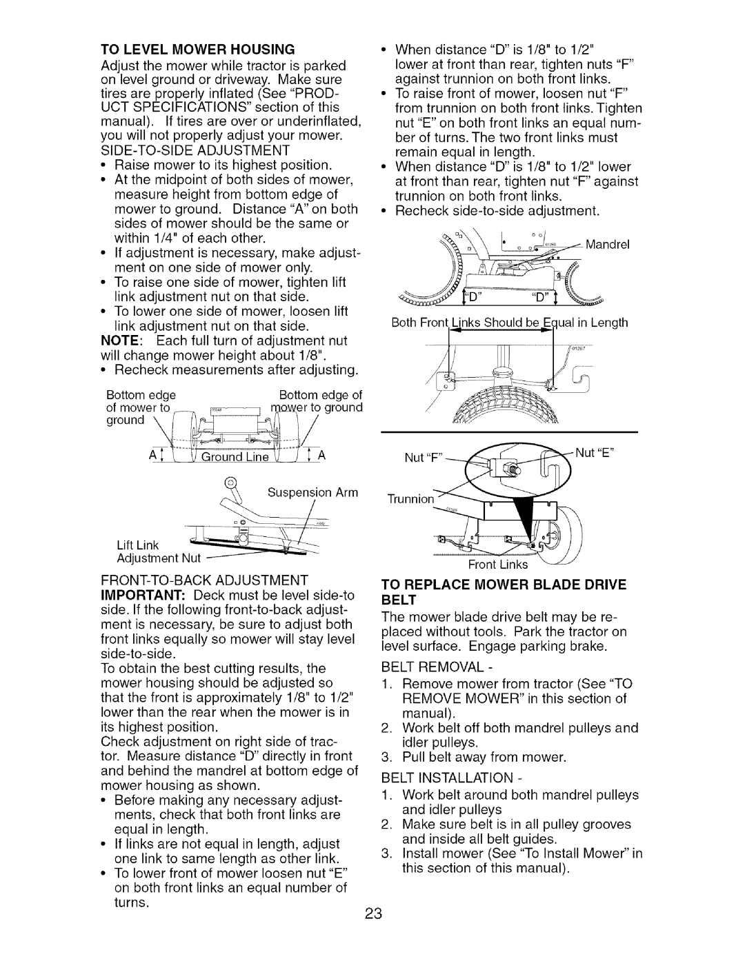 Craftsman 917.27475 manual To Level Mower Housing, To Replace Mower Blade Drive Belt 