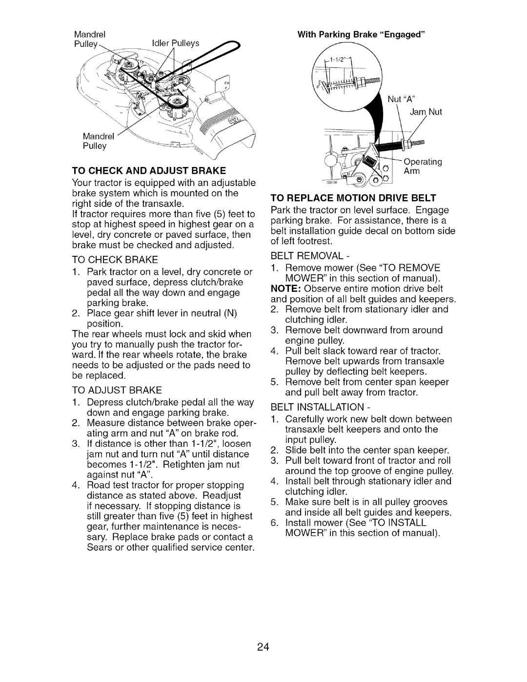 Craftsman 917.27475 manual To Check and Adjust Brake, To Check Brake, To Adjust Brake, To Replace Motion Drive Belt 