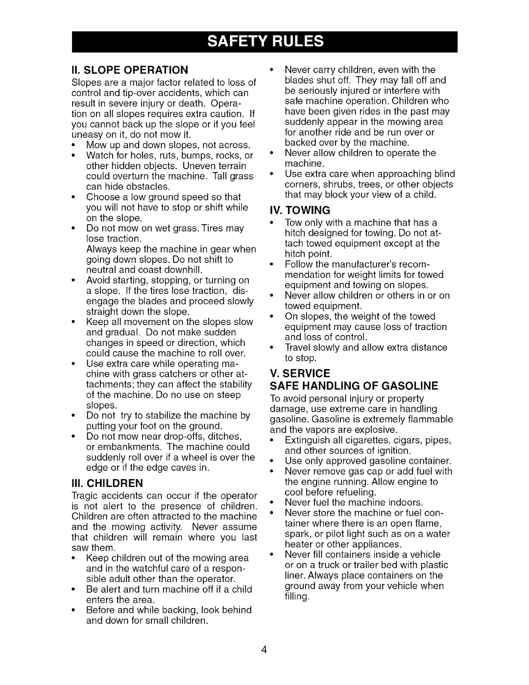 Craftsman 917.27475 manual III. Children, IV. Towing, Service, Safe Handling of Gasoline 